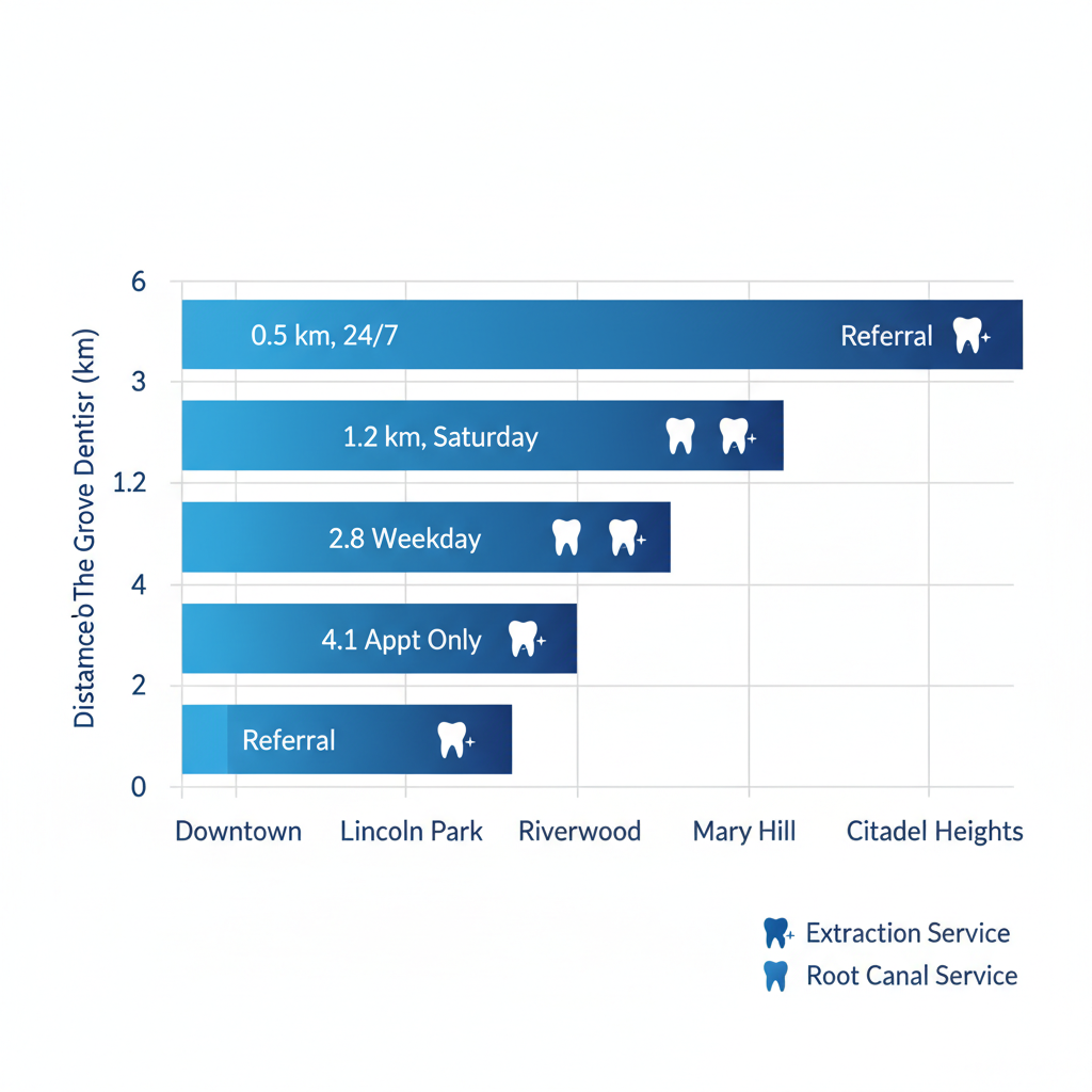 Horizontal bar chart comparing distances to The Grove Dentistry for emergency dental services across Port Coquitlam neighborhoods