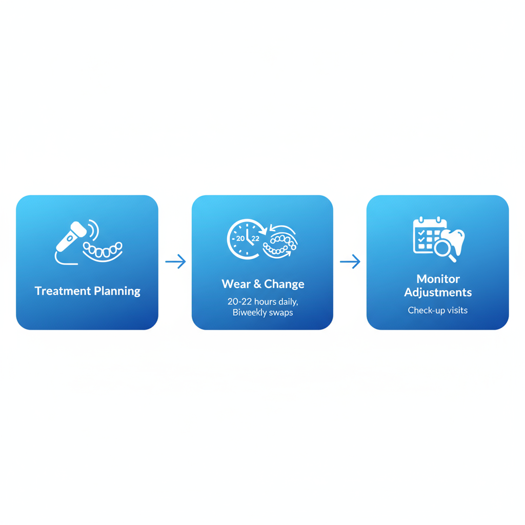 Horizontal diagram illustrating the three main stages of Invisalign treatment: planning, wearing and changing aligners, and monitoring progress.