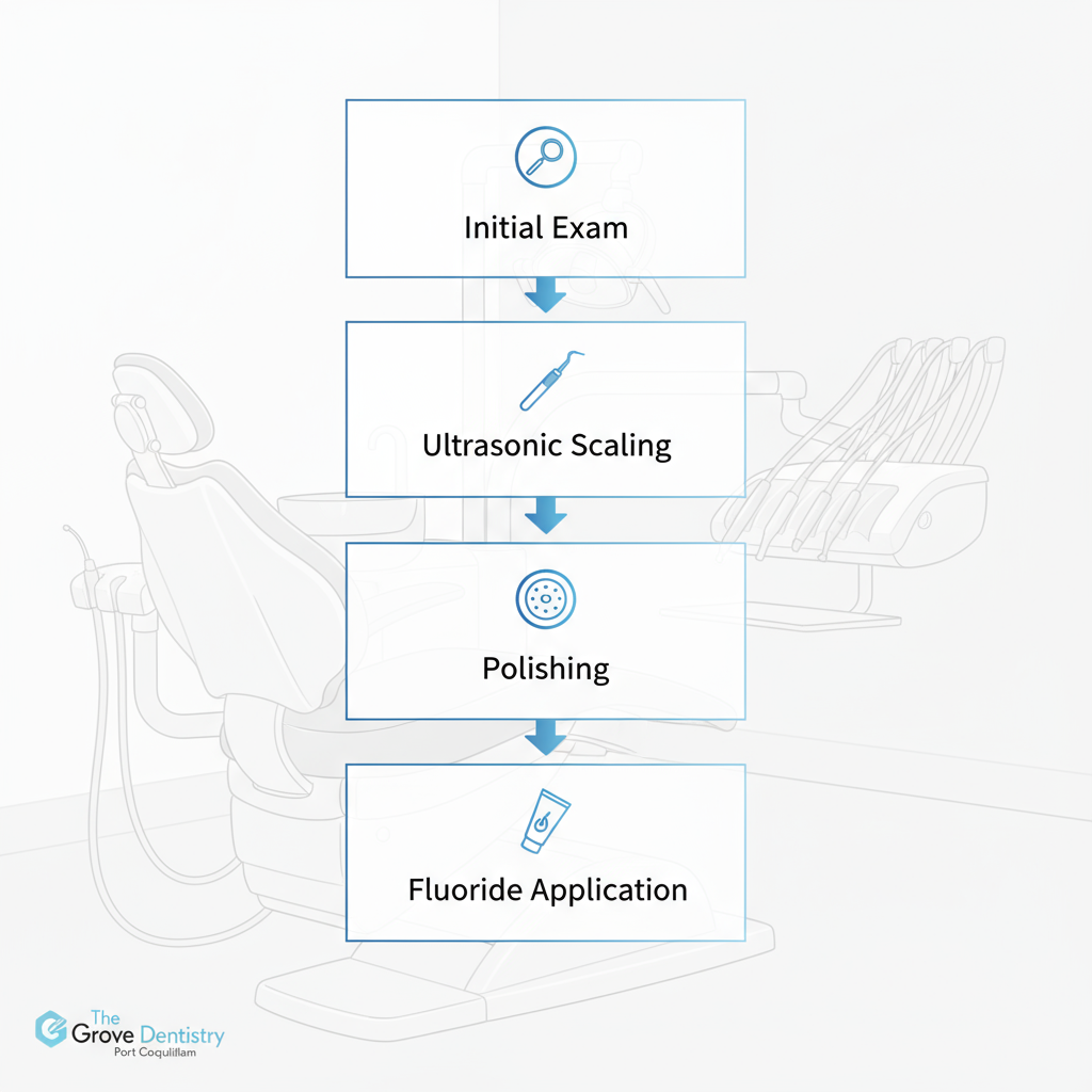 Vertical process flow diagram illustrating the steps of professional teeth cleaning: initial examination, ultrasonic scaling, polishing, and fluoride application.