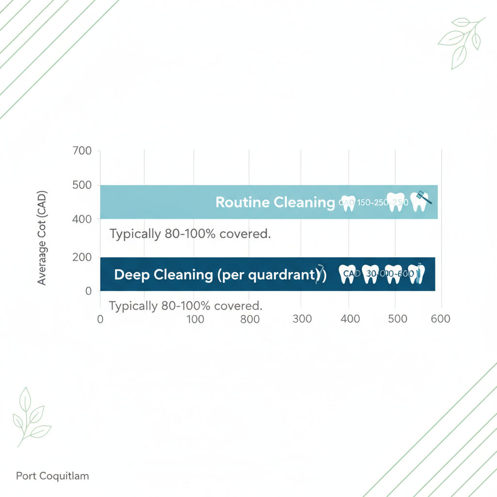 Horizontal bar chart comparing average costs of routine cleaning and deep cleaning dental services in Port Coquitlam, ranging from 150 to 600 CAD.