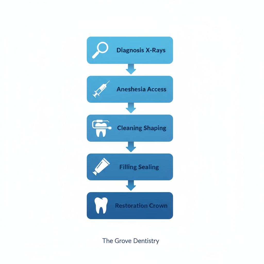 Vertical process flow diagram illustrating the five stages of root canal procedure with icons and labels