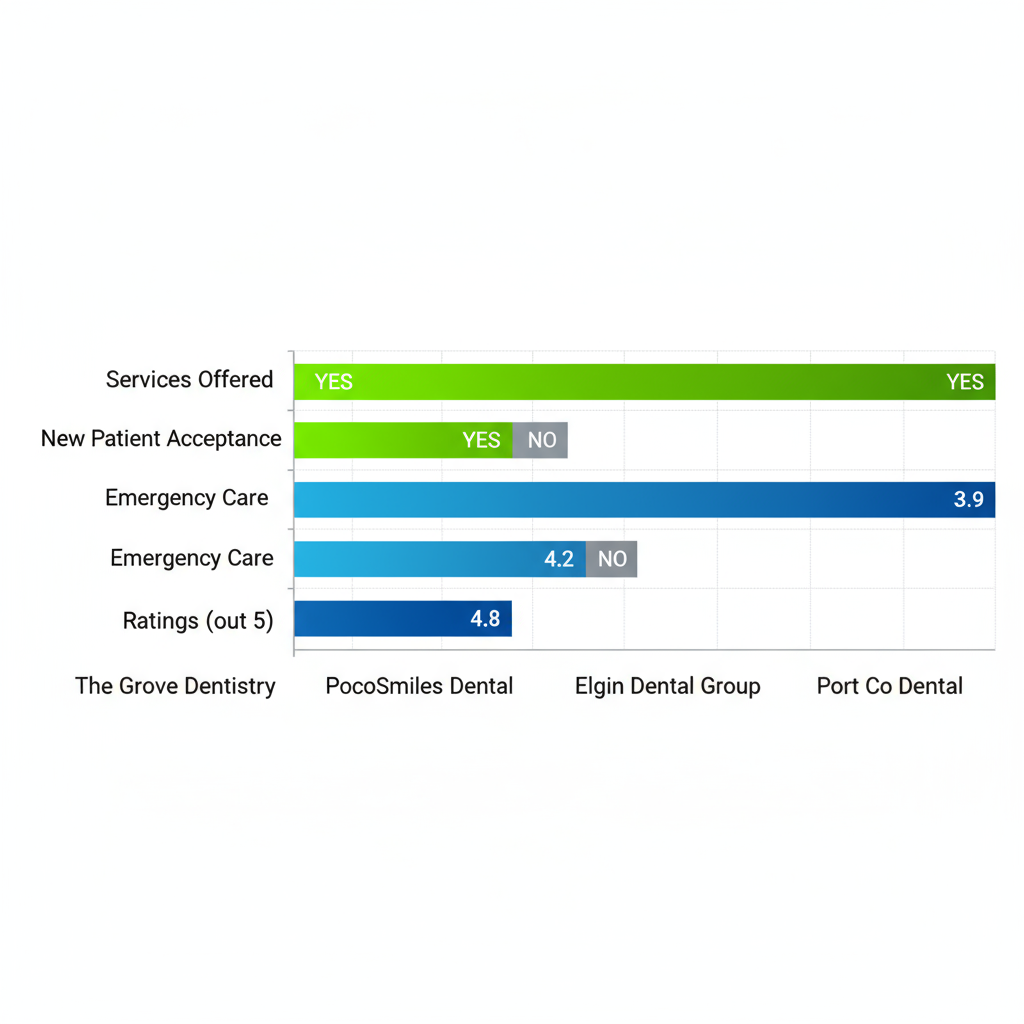 Horizontal bar chart comparing services and ratings of dental clinics in Port Coquitlam