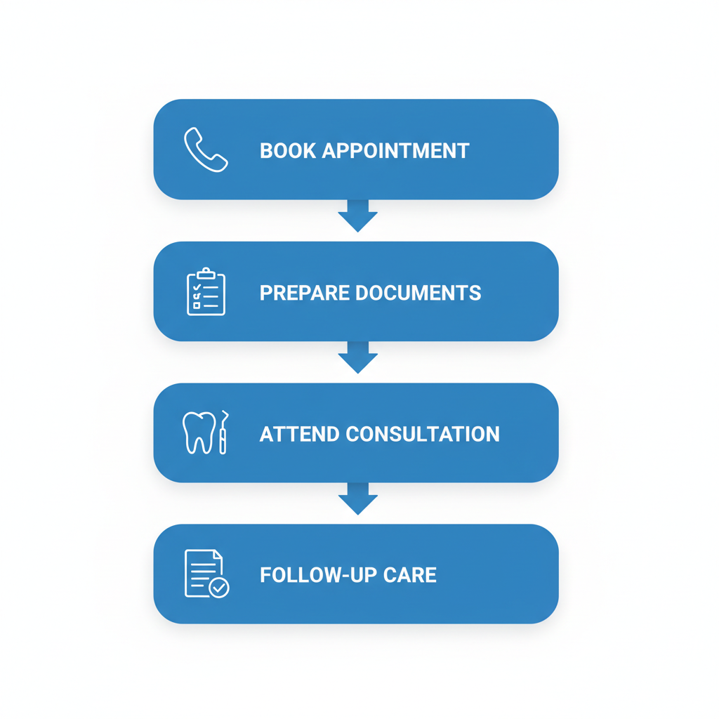 Vertical flowchart illustrating steps to begin dental care journey: booking, preparation, consultation, and follow-up.