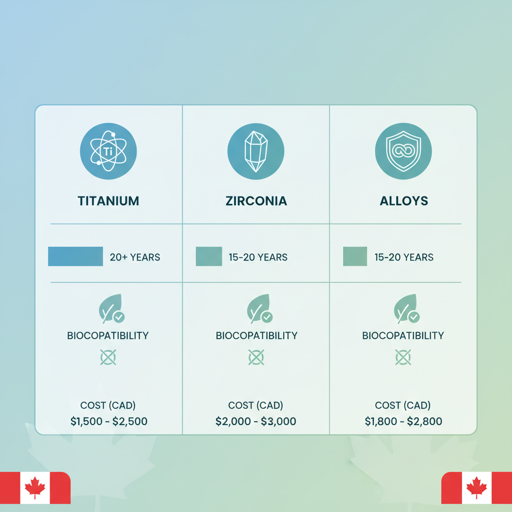 Infographic comparing titanium, zirconia, and alloy dental implants by composition, durability, biocompatibility, and cost in CAD