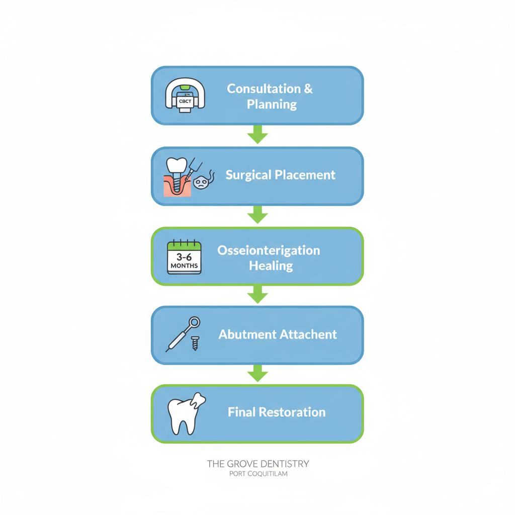 Vertical process flow diagram illustrating the five stages of dental implant procedures at The Grove Dentistry