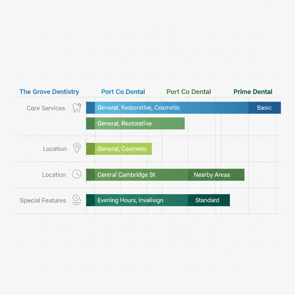 Horizontal bar chart comparing core services, location, and special features of four family dental clinics in Port Coquitlam