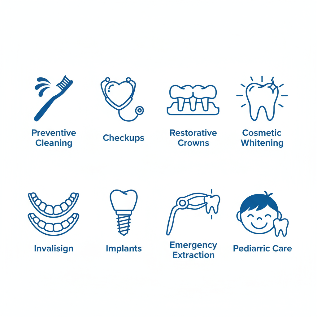Set of icons depicting various dental services including preventive cleaning, checkups, restorative crowns, cosmetic whitening, Invisalign, implants, emergency extraction, and pediatric care