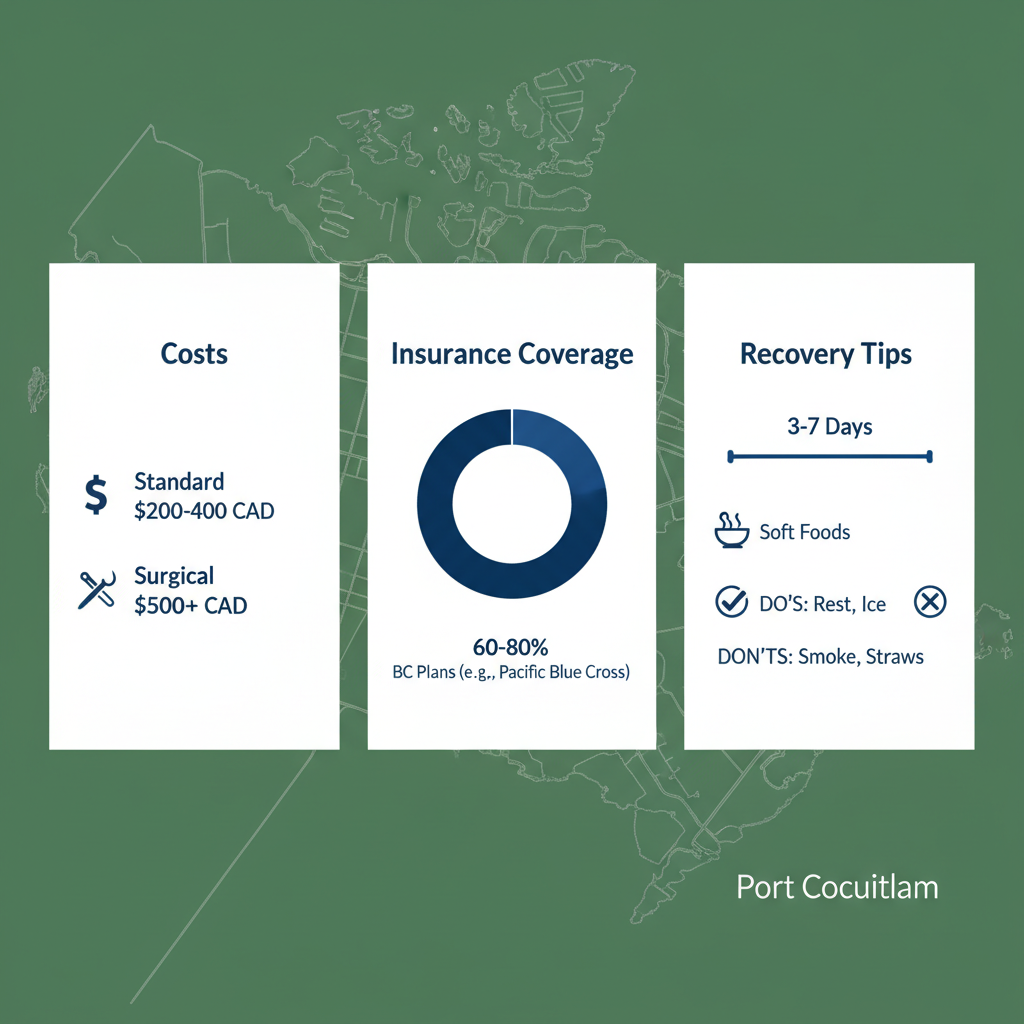Infographic depicting costs, insurance coverage, and recovery tips for dental extractions in Port Coquitlam