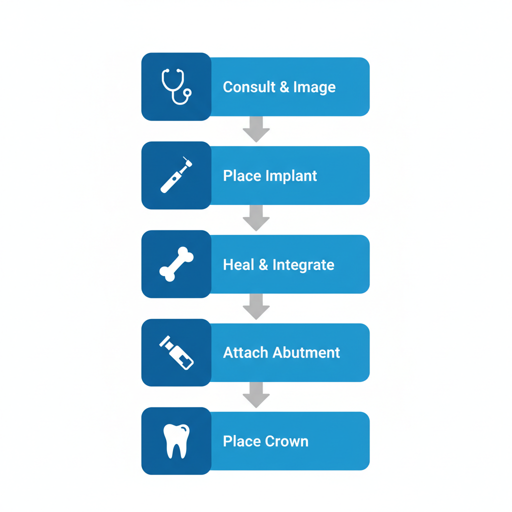 Vertical process flow diagram showing the key stages of dental implant procedure including consultation, surgical placement, healing, abutment attachment, and crown placement