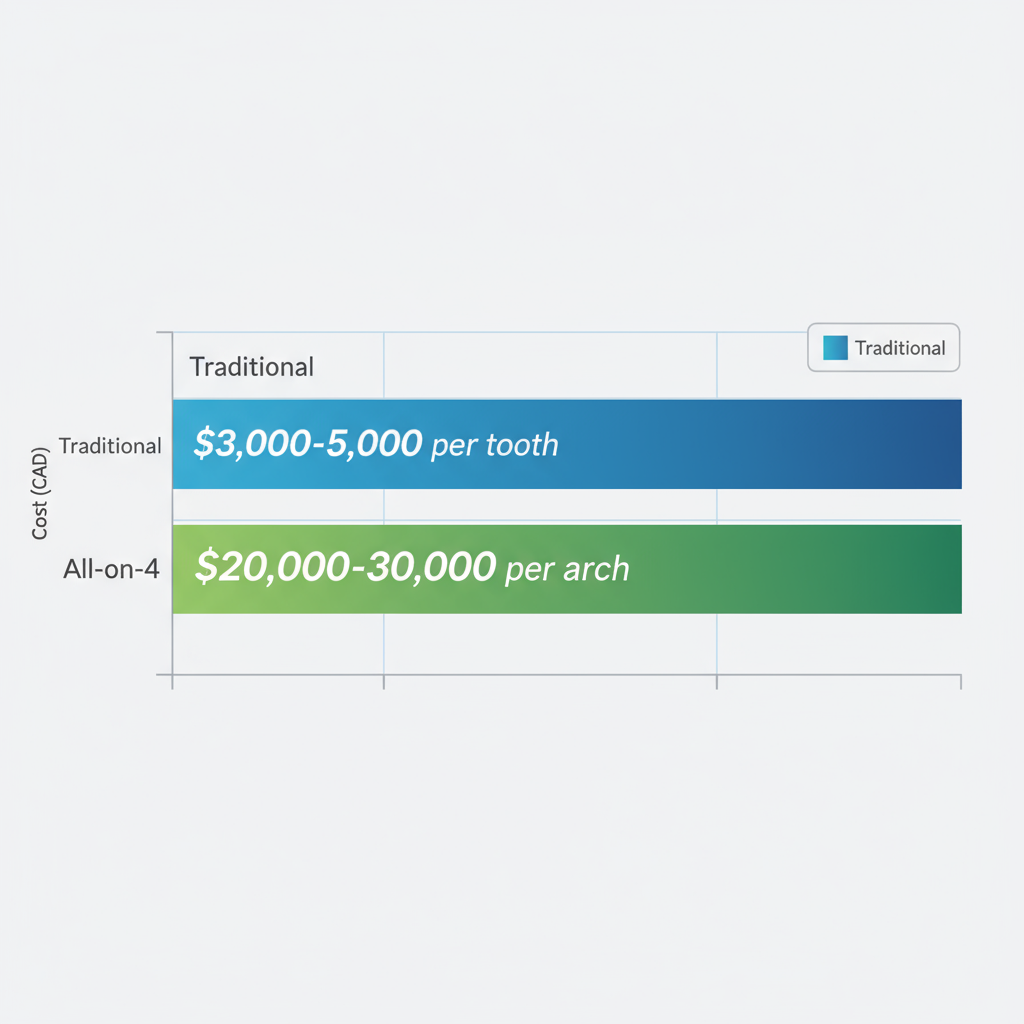Horizontal bar chart comparing cost ranges of All-on-4 and traditional dental implants in CAD for Port Coquitlam