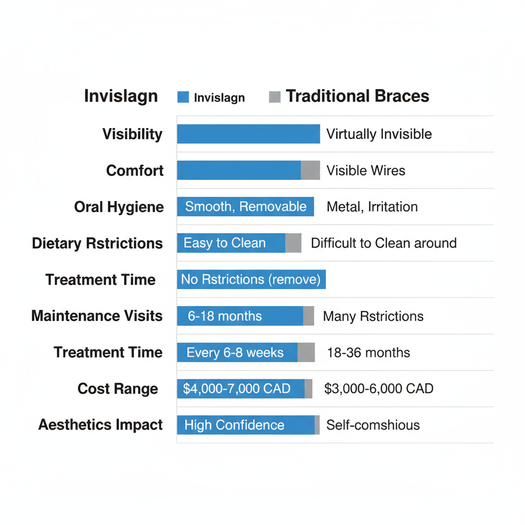 Horizontal bar chart comparing key features of Invisalign and traditional braces for dental patients in Port Coquitlam.