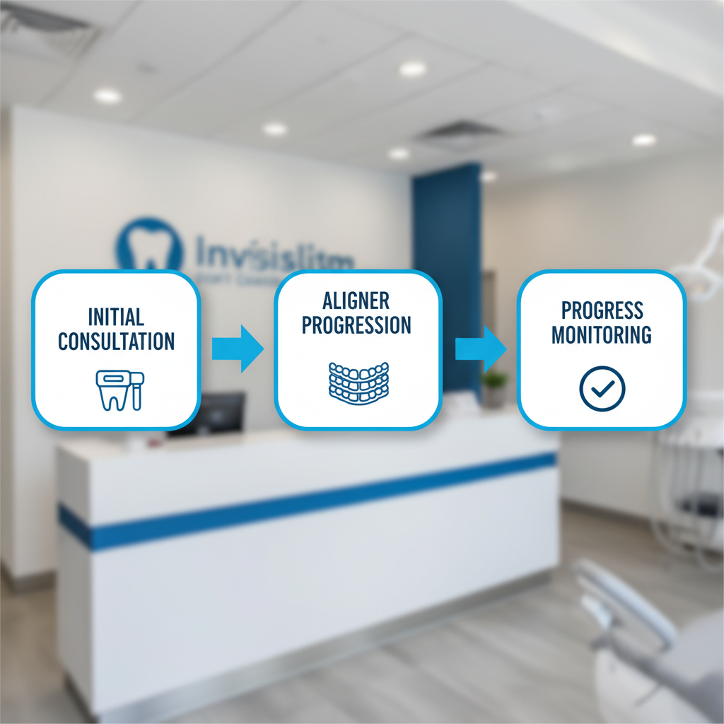 Horizontal process flow diagram showing three steps of Invisalign treatment: consultation, aligner wear, and progress checks
