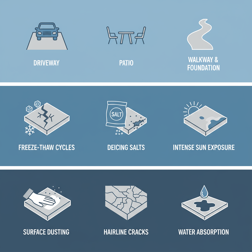 Infographic depicting concrete surfaces, Denver climate impacts, and signs indicating need for sealing services.