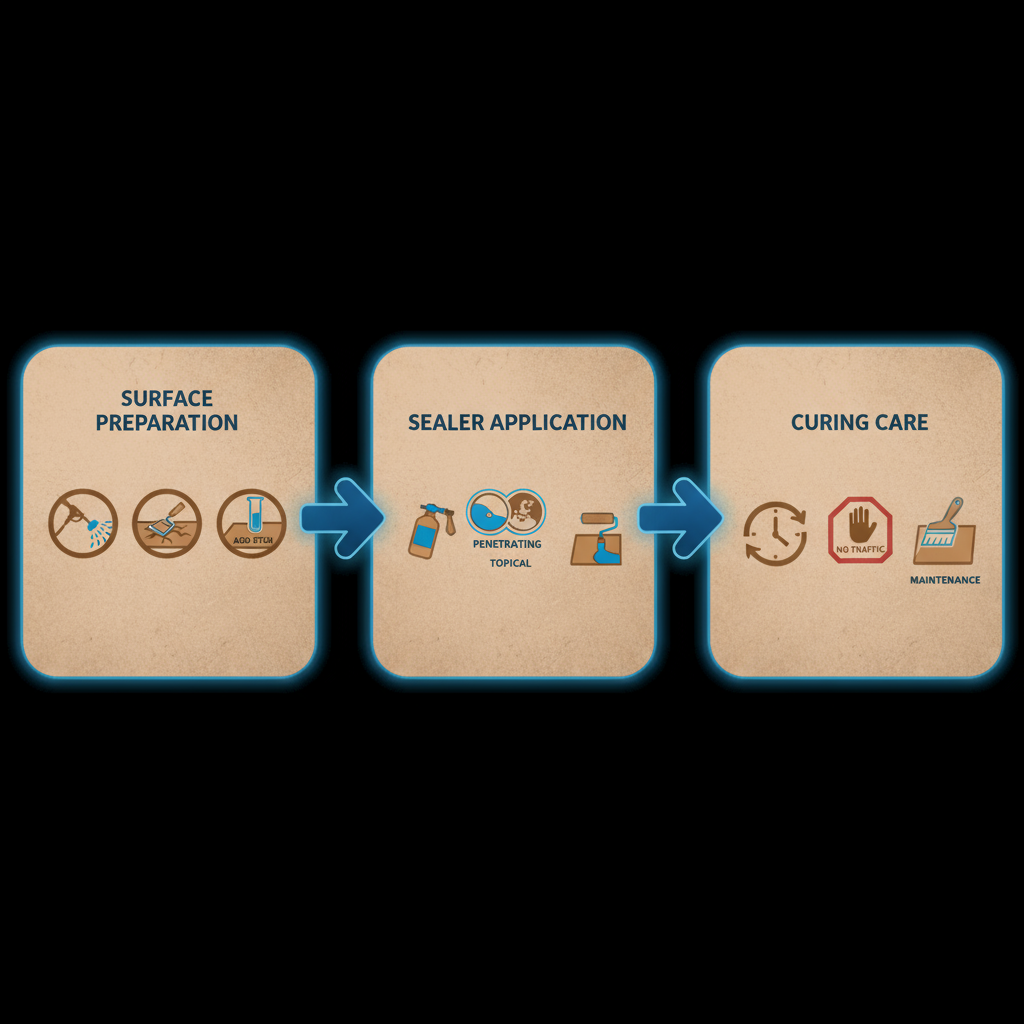 Horizontal process flow diagram of concrete sealing stages in Denver: preparation with cleaning icons, sealer types and application tools, curing and care symbols.