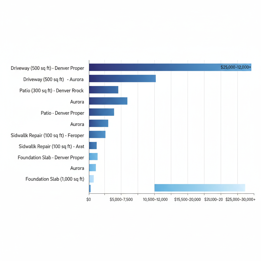 Horizontal bar chart comparing concrete project costs in Denver Proper, Aurora, and Castle Rock for driveways, patios, sidewalk repairs, and foundation slabs