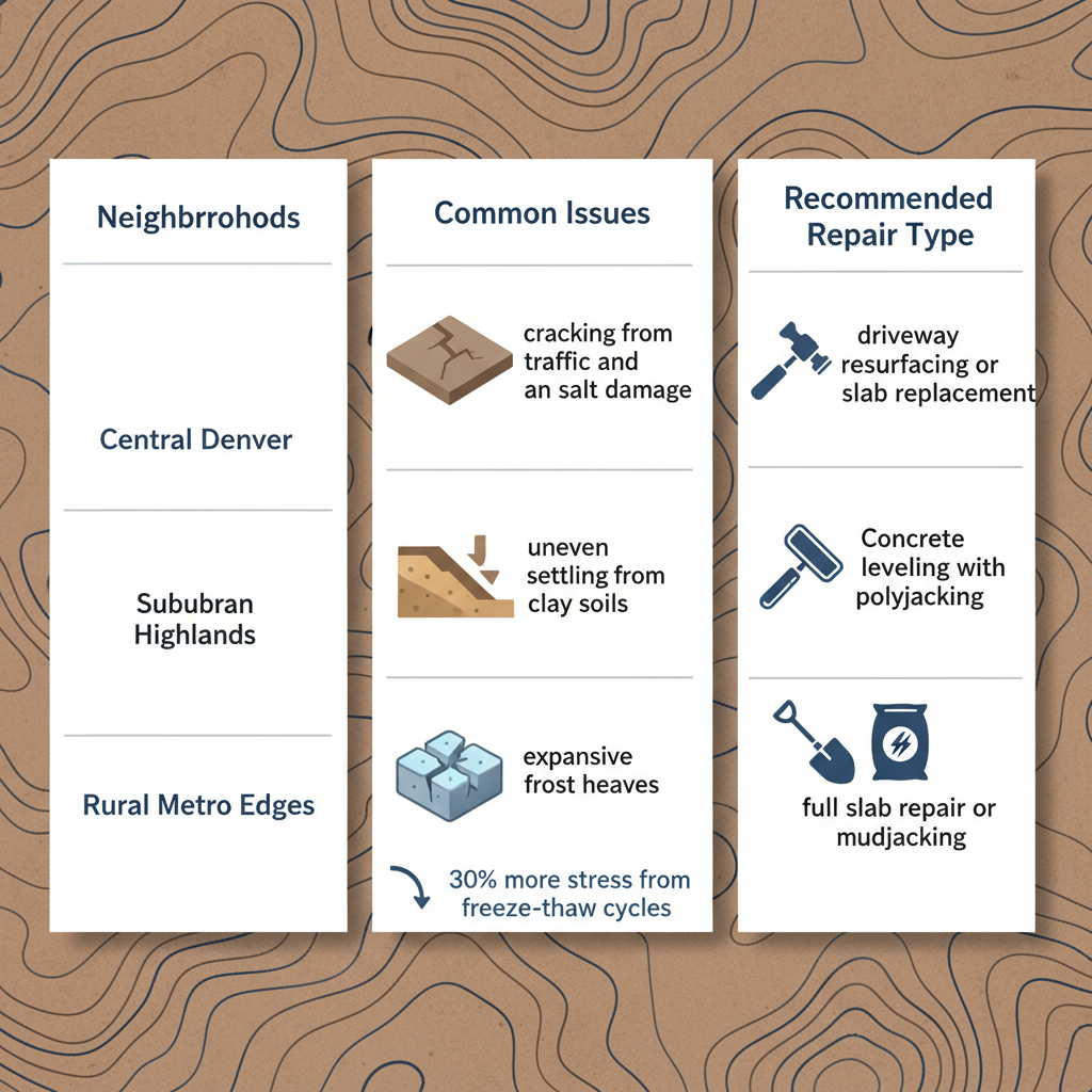 Infographic comparing common concrete issues and recommended repairs across Denver neighborhoods