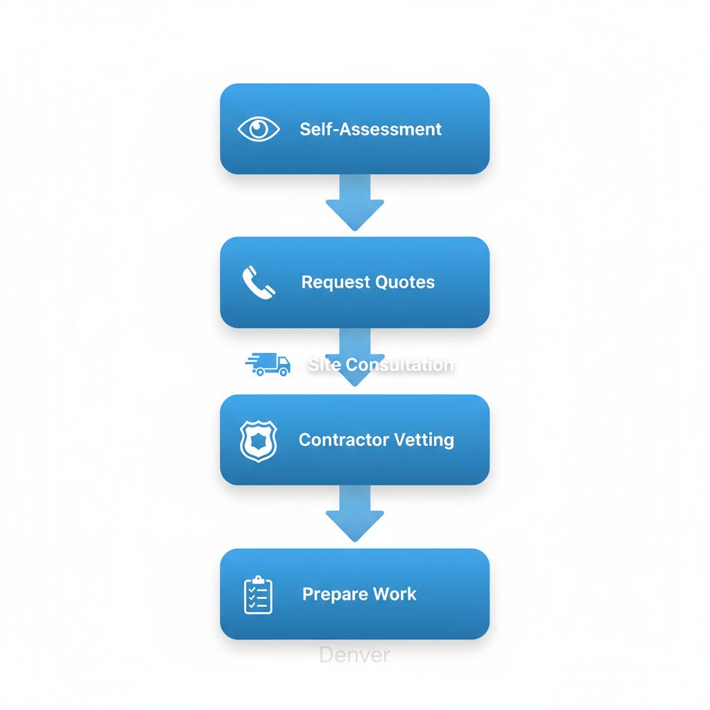 Vertical process flow diagram illustrating five key steps to start a concrete repair project: self-assessment, requesting quotes, consultation, contractor vetting, and preparation for work.