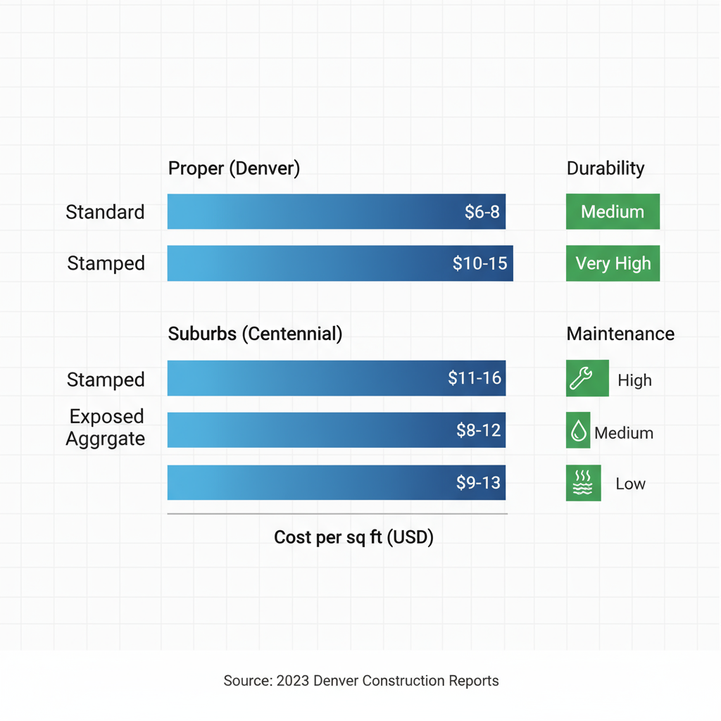 Horizontal bar chart comparing costs and durability of standard, stamped, and exposed aggregate concrete driveways in Denver proper and suburbs