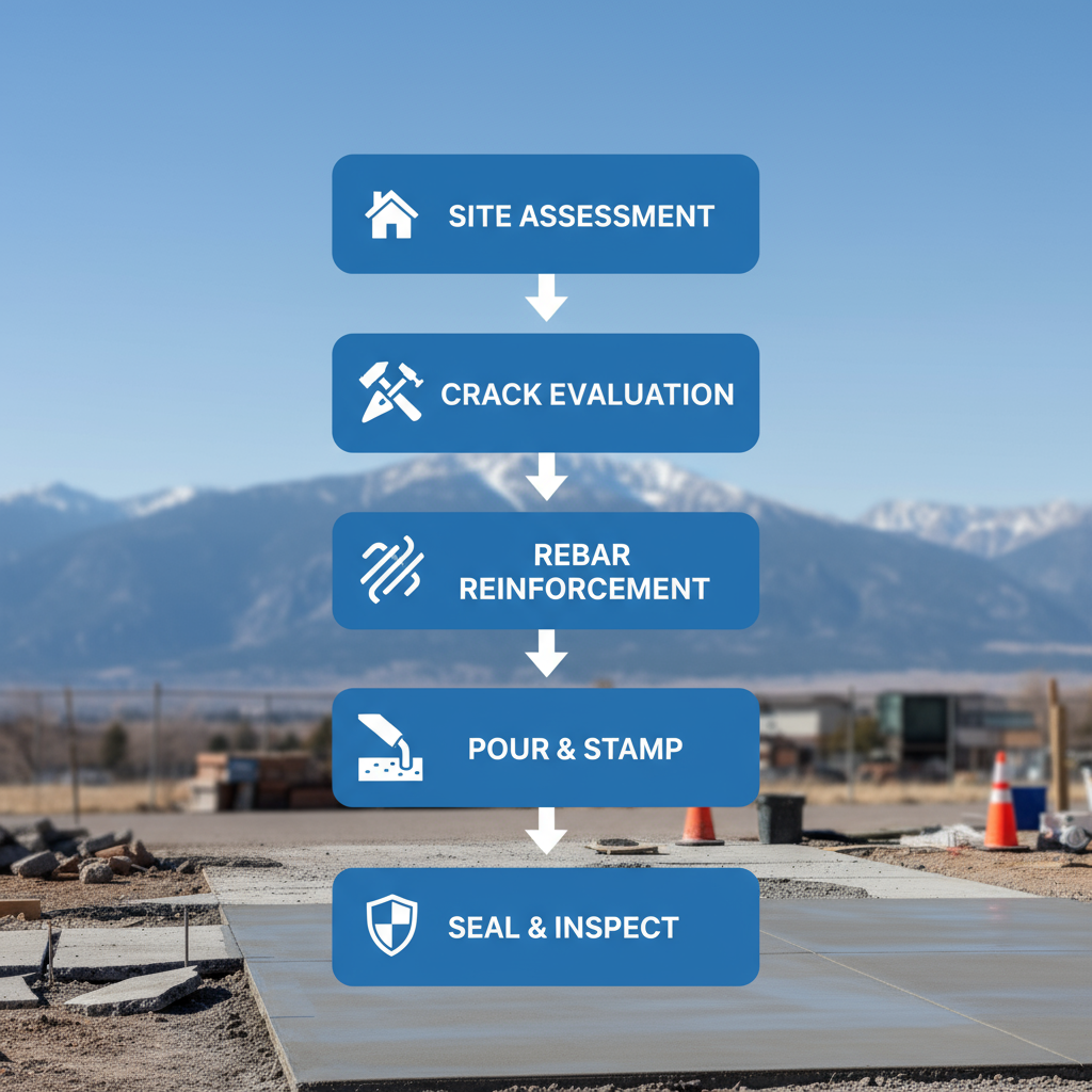 Vertical process flow diagram illustrating the five stages of concrete driveway repair and installation in Denver