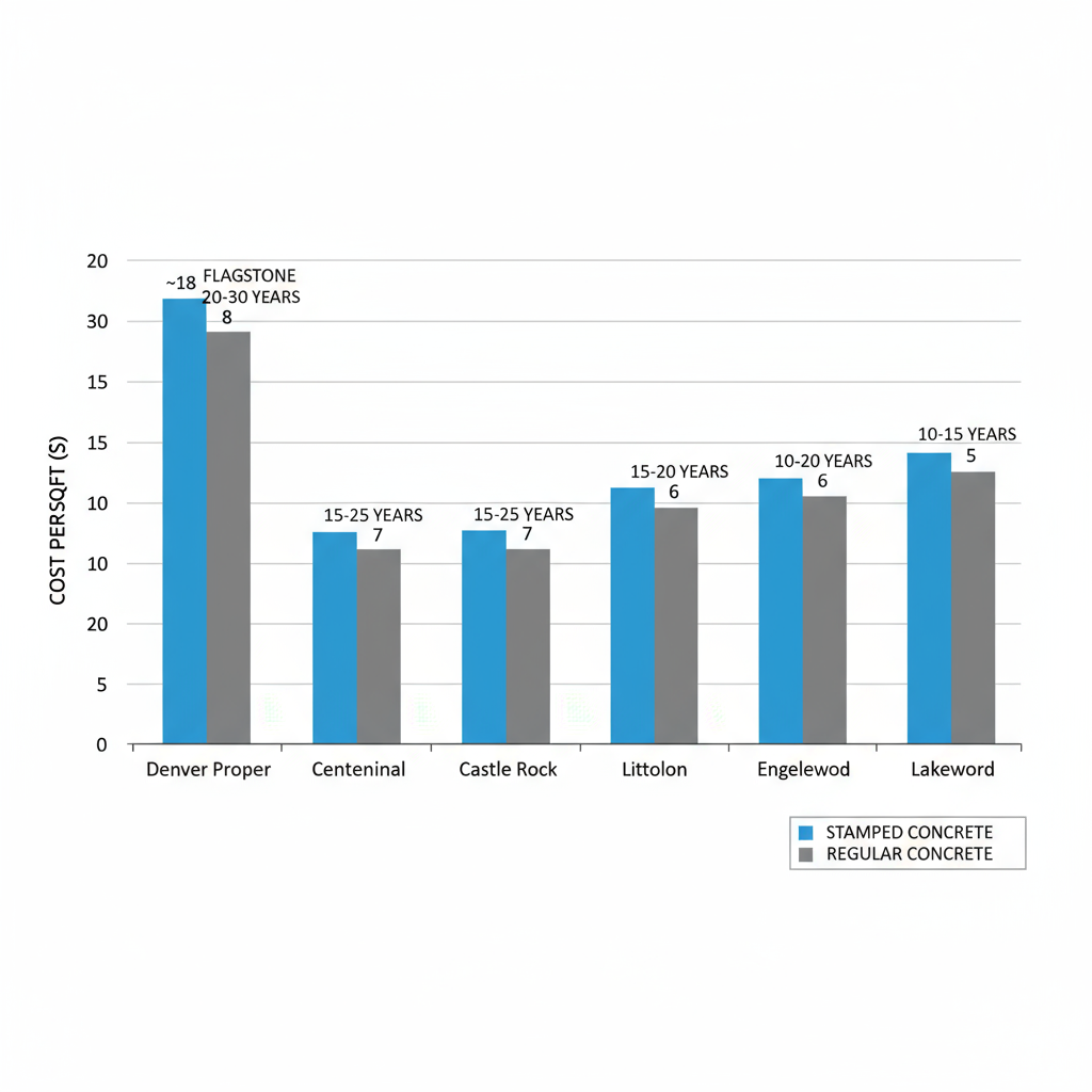 Horizontal bar chart comparing stamped and regular concrete costs per square foot across seven Denver neighborhoods with design annotations and durability notes