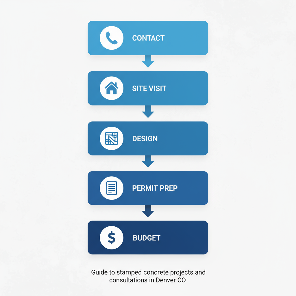 Vertical process flow diagram illustrating the five steps to start a stamped concrete project in Denver, from contacting the contractor to approving the budget.