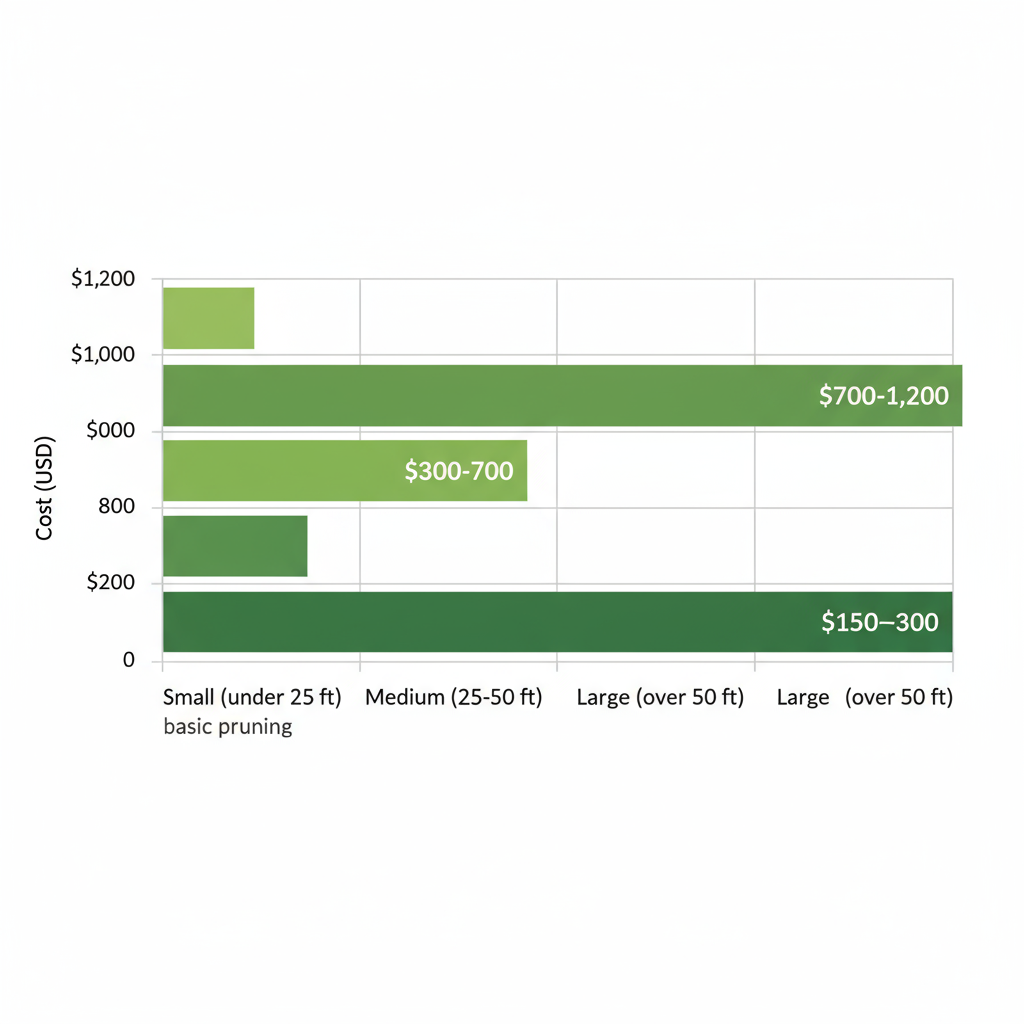 Horizontal bar chart showing average tree trimming costs by size: small $150-$300, medium $300-$700, large $700-$1,200