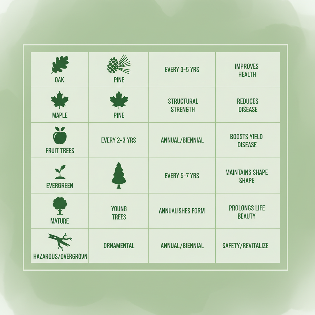 Infographic showing pruning frequency, best seasons, and benefits for various tree types including Oak, Maple, Pine, and others.