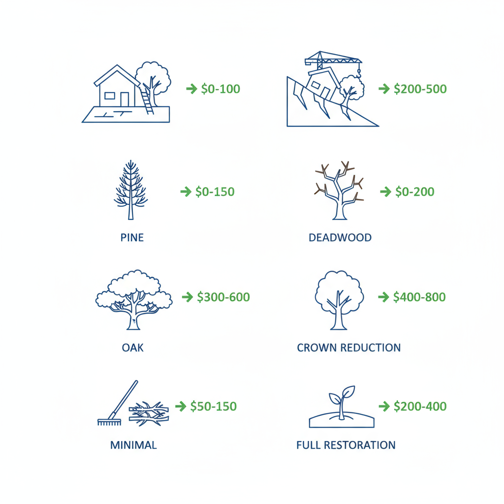 Infographic showing site access tree species complexity and debris cleanup as pricing factors for tree trimming with cost ranges