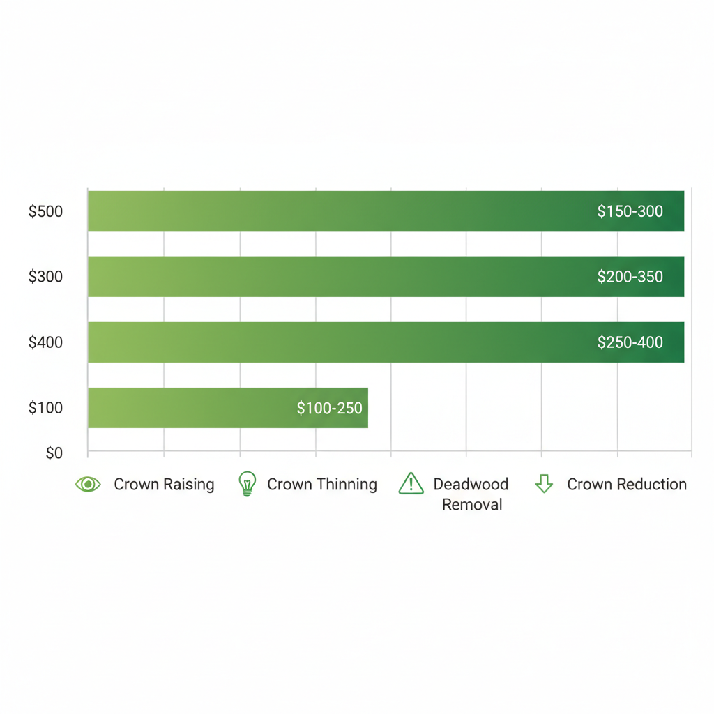 Horizontal bar chart comparing costs of tree pruning techniques: crown raising, thinning, deadwood removal, and reduction for small trees, with icons and green gradient bars.