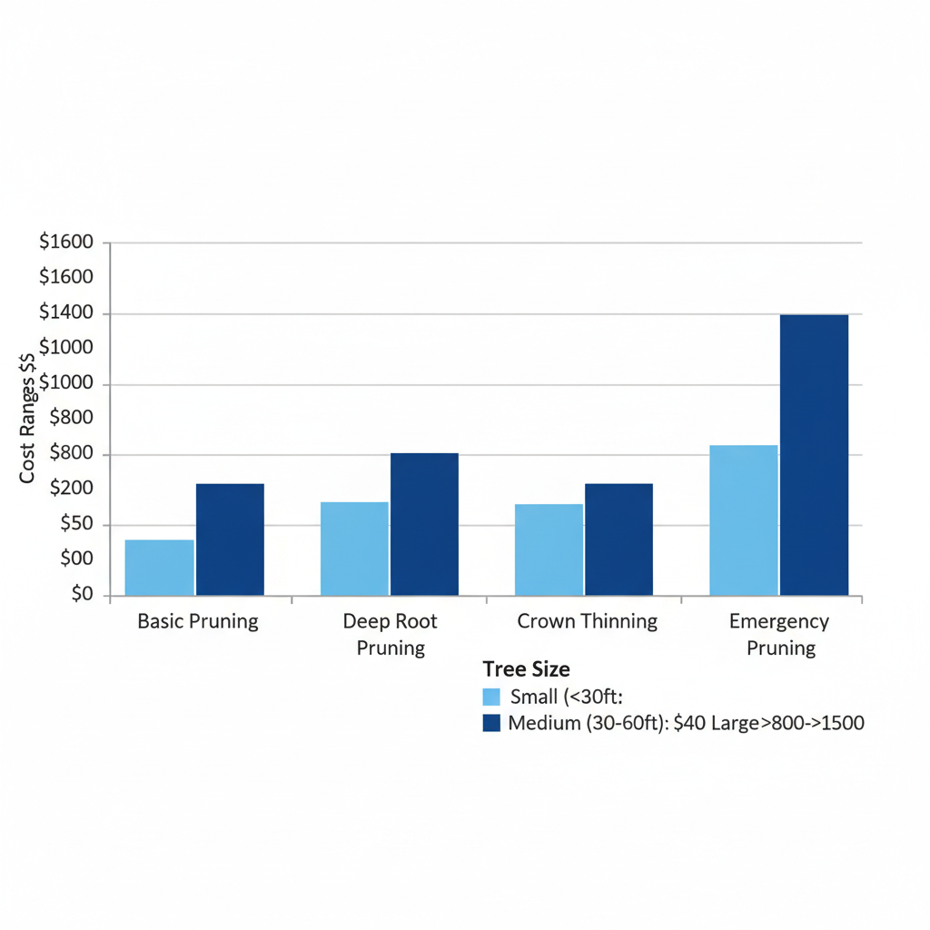 Horizontal bar chart comparing pruning costs across service types and tree sizes