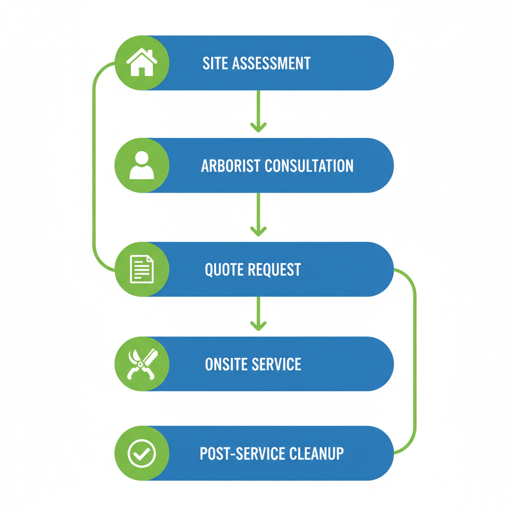 Vertical process flow diagram showing five steps for hiring tree pruning services: site assessment, consultation, quote, onsite service, and cleanup.
