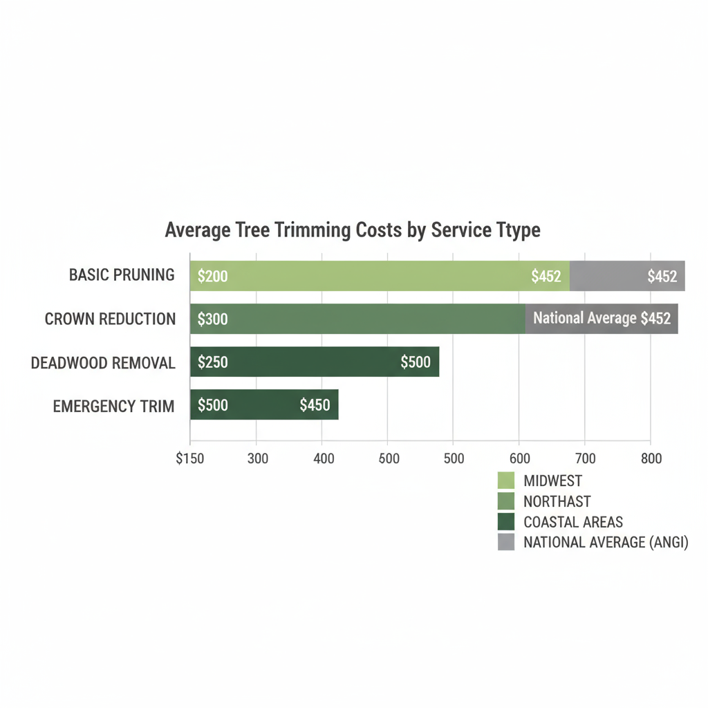 Horizontal bar chart of average tree trimming costs by service type and US regions