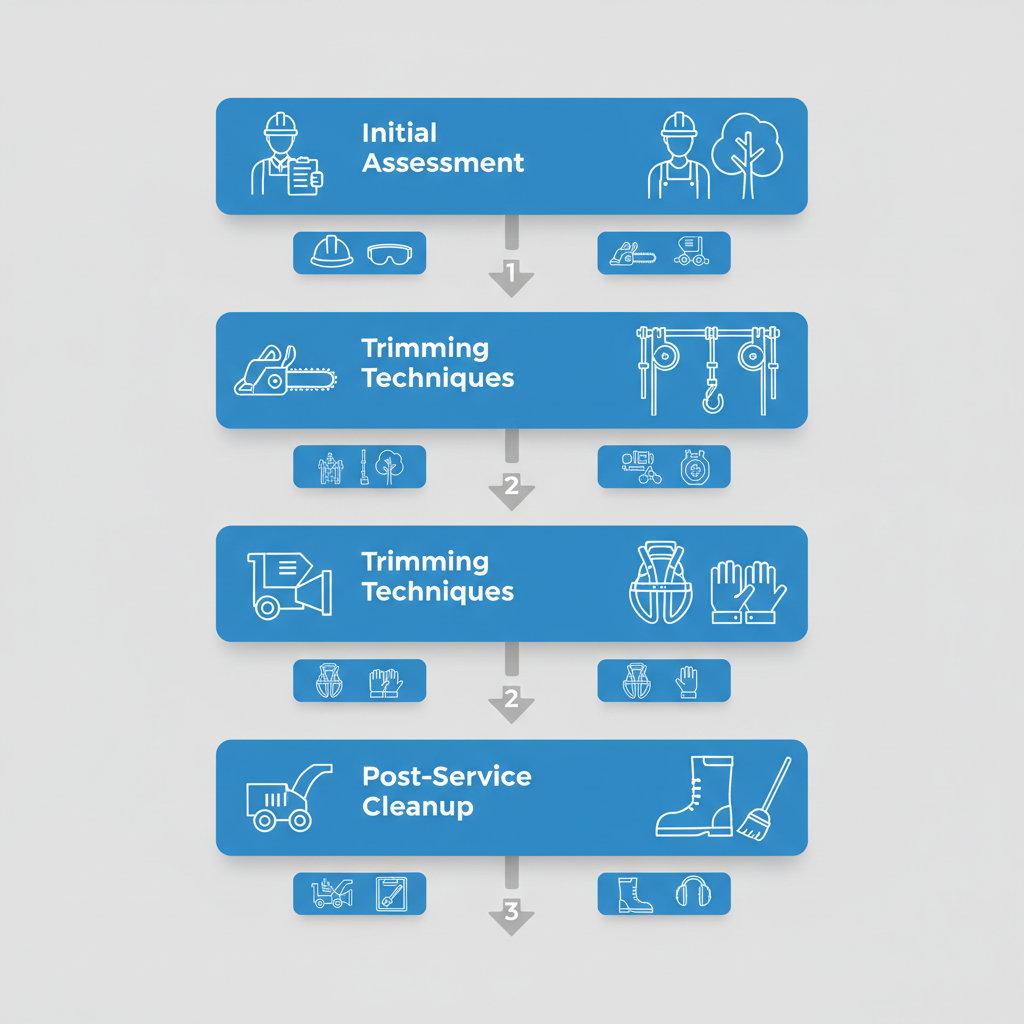Vertical process flow diagram illustrating the three main stages of professional tree trimming: assessment, techniques, and cleanup