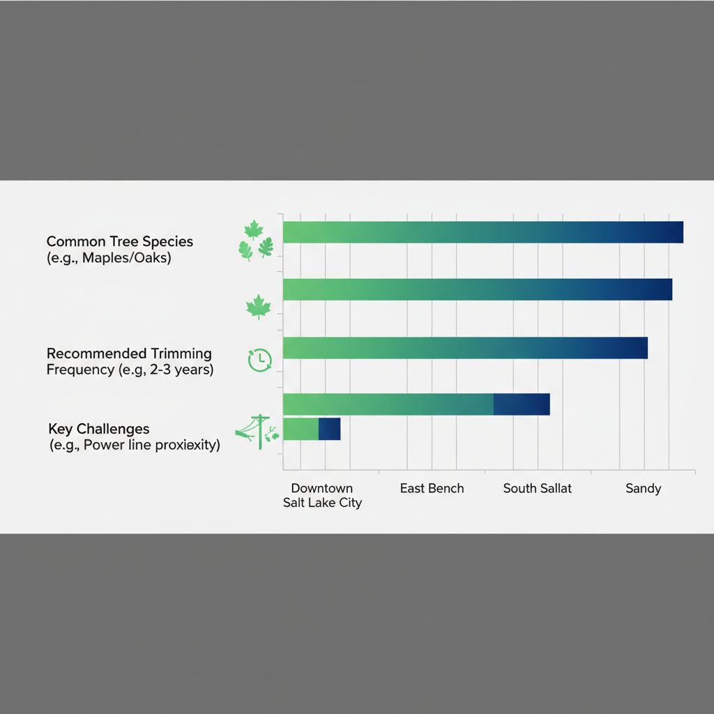 Horizontal bar chart comparing tree care factors including species, trimming frequency, and challenges across Salt Lake areas