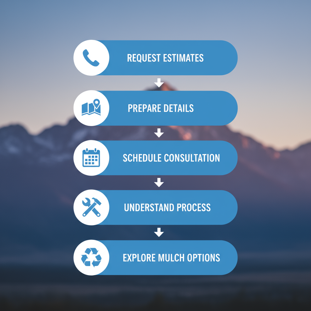 Vertical process flow diagram illustrating five steps to start tree trimming projects: request free estimates, prepare property details, schedule arborist consultation, understand trimming process, explore post-service mulch options