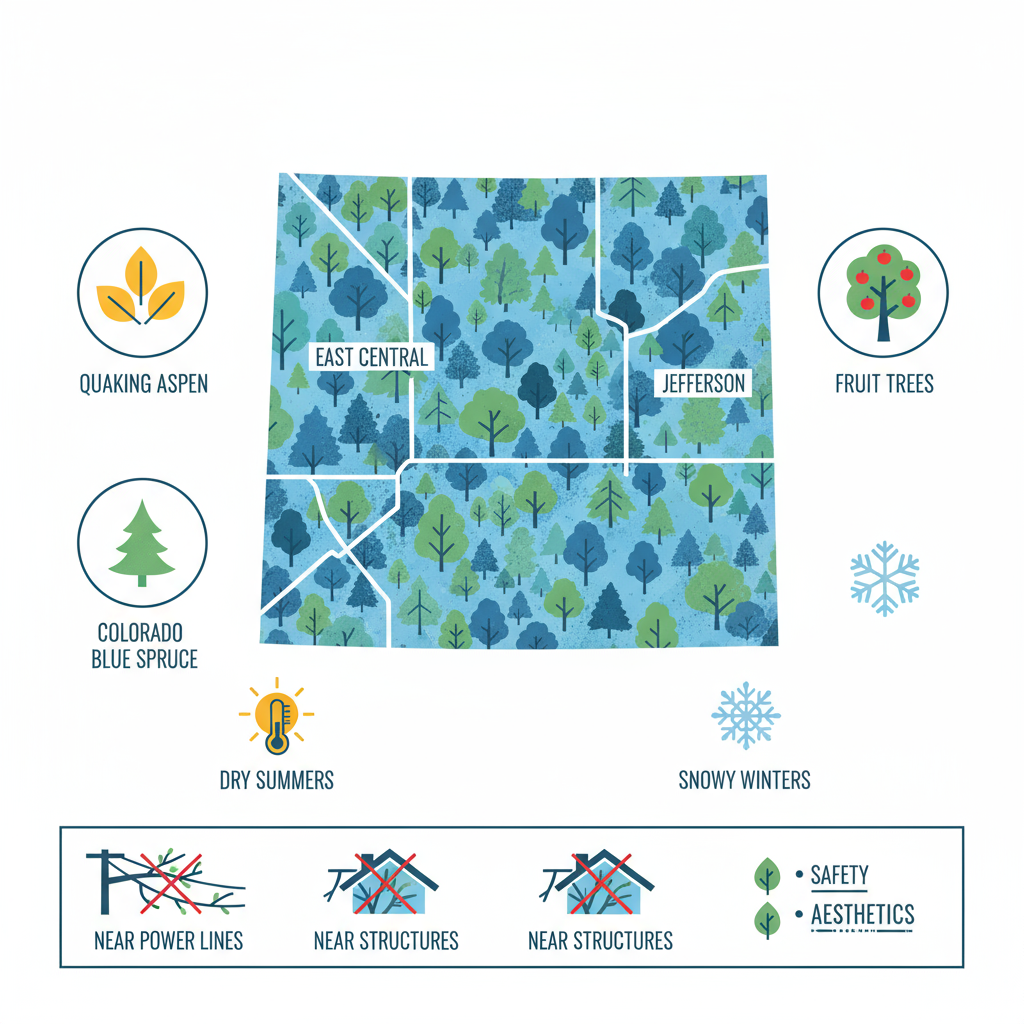 Infographic depicting Ogden's tree landscape with map, species icons, climate impacts, and urban challenges.