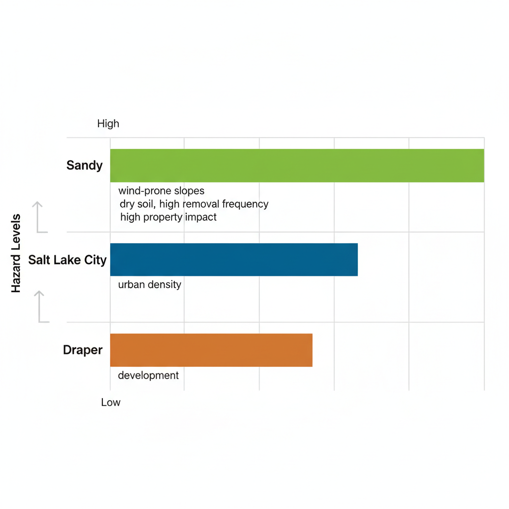 Horizontal bar chart comparing tree hazard levels in Sandy, Salt Lake City, and Draper, Utah, highlighting regional risks and removal frequencies.