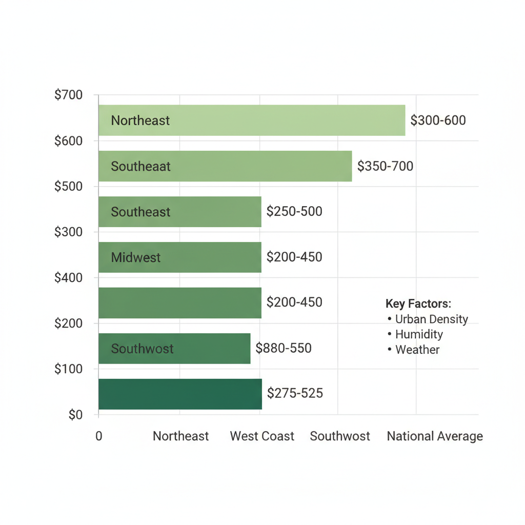 Horizontal bar chart illustrating regional variations in average tree trimming costs for 20-40 foot trees across U.S. regions