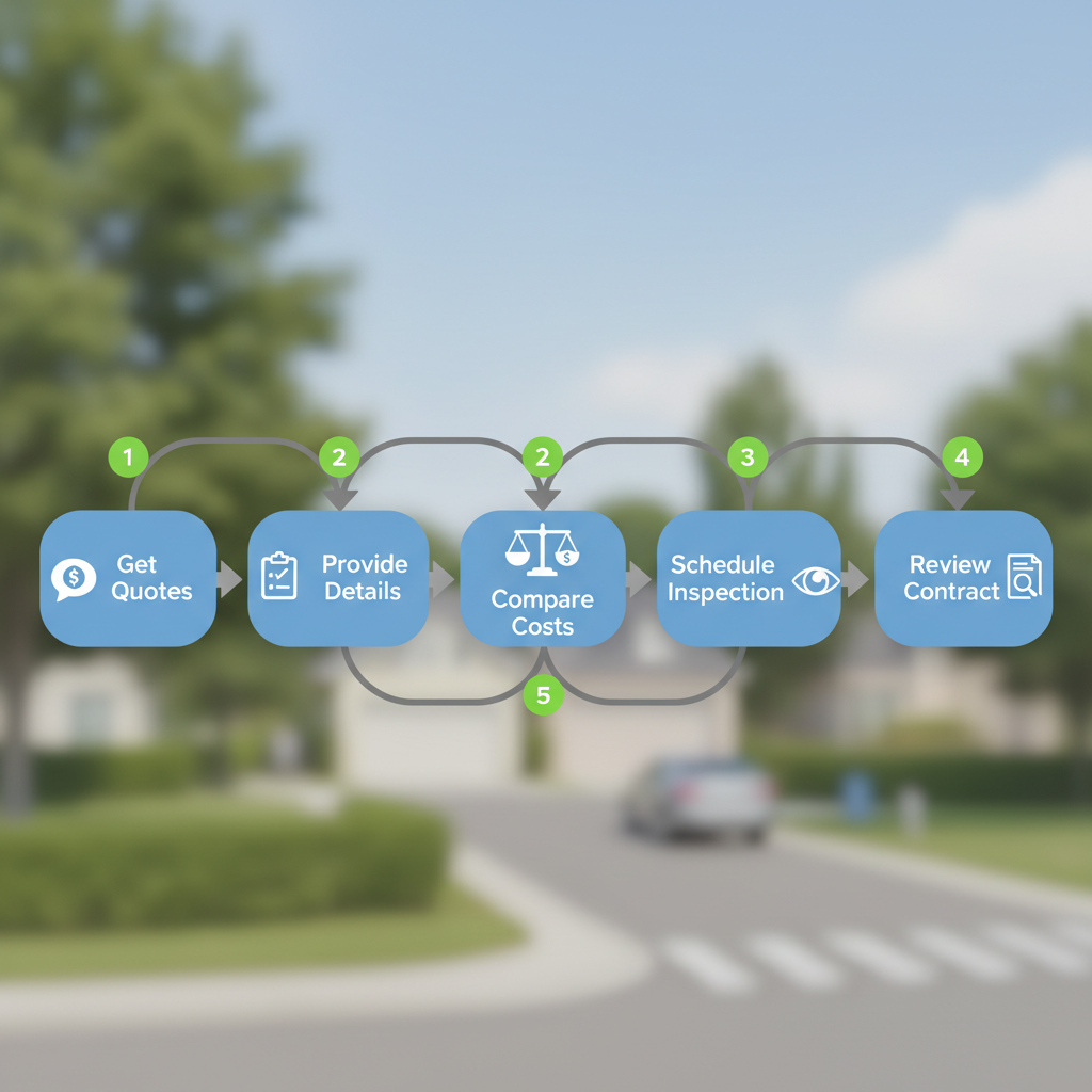 Horizontal process flow diagram illustrating five steps to hire local tree trimming services with icons and numbered arrows