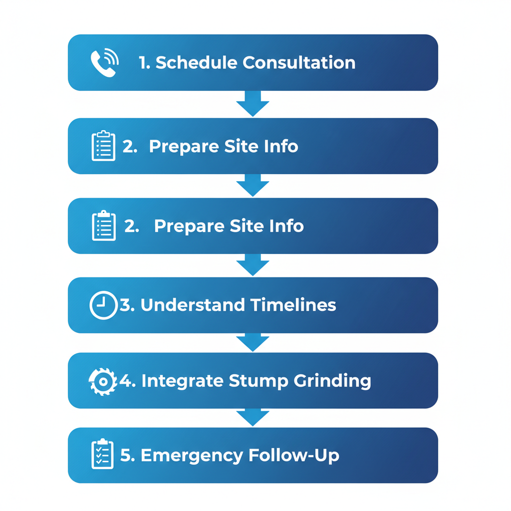 Vertical process flow diagram outlining five steps for initiating tree removal in Alpine with icons