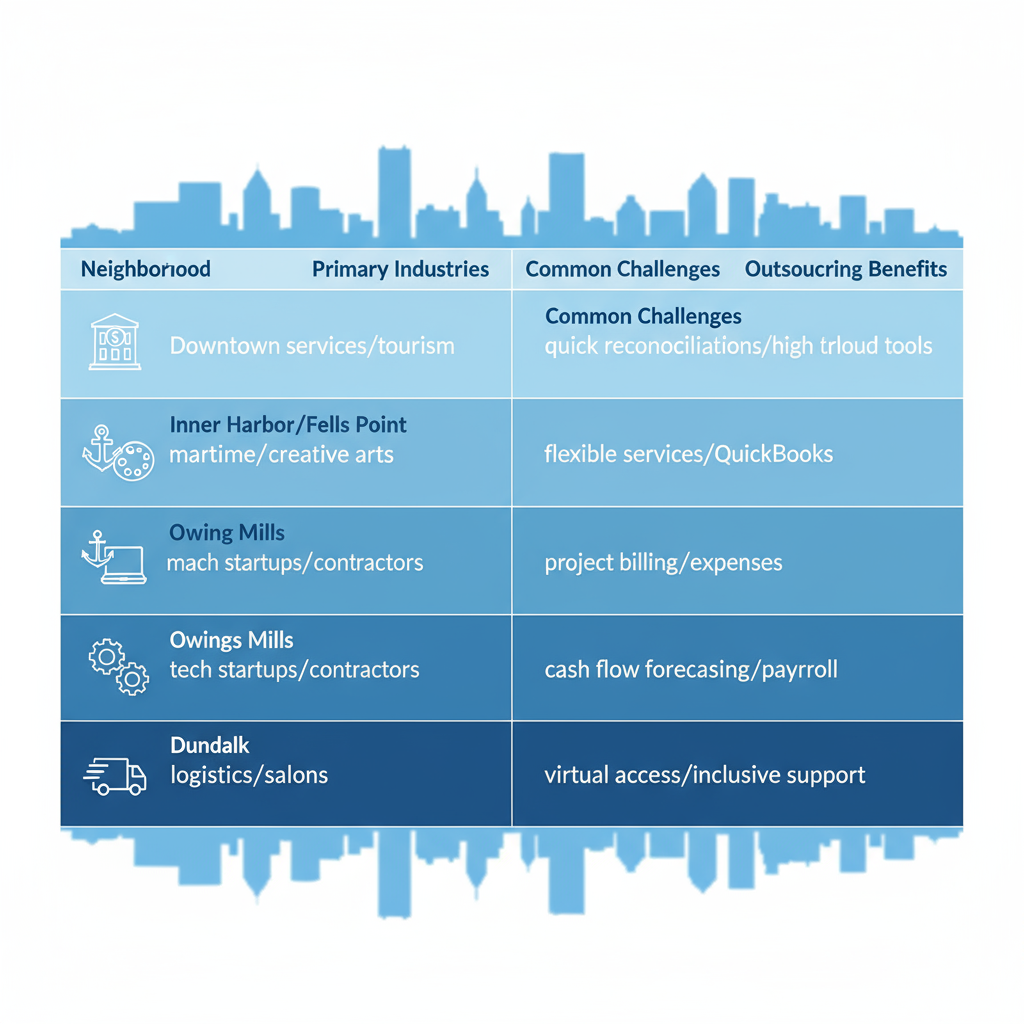 Outsourced Bookkeeping Baltimore Md | Hill Bookkeeping & Consulting Infographic comparing bookkeeping needs, industries, challenges, and outsourcing benefits across Baltimore neighborhoods