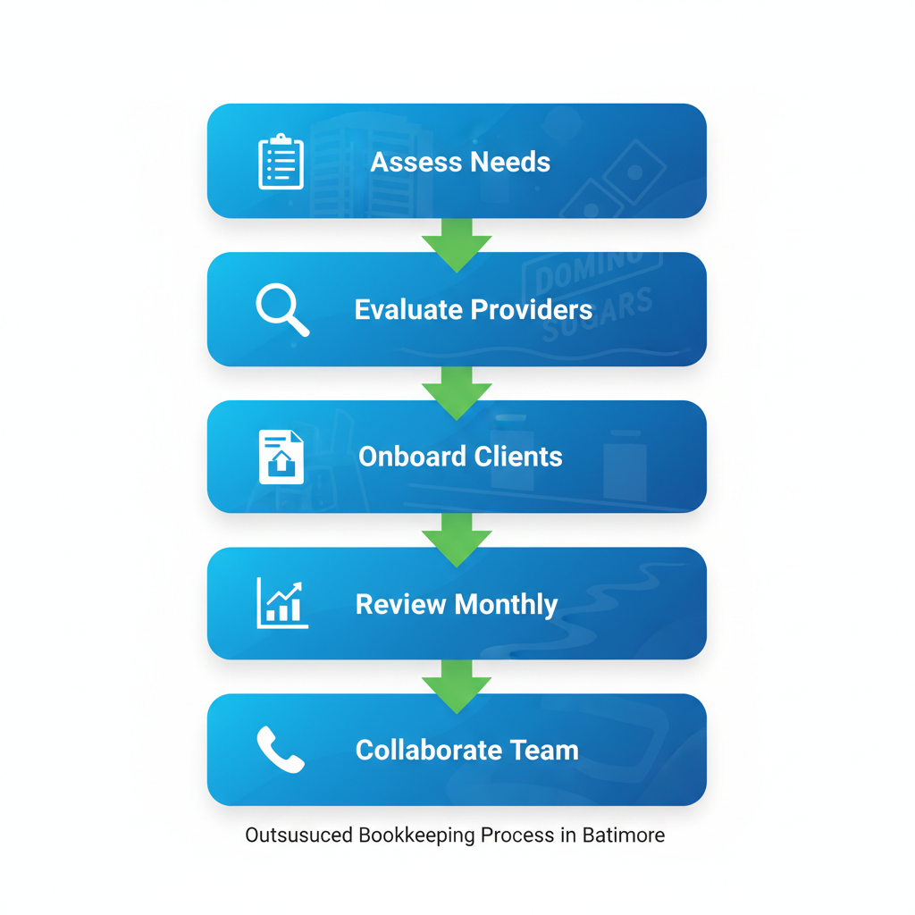 Outsourced Bookkeeping Baltimore Md | Hill Bookkeeping & Consulting Vertical process flow diagram illustrating five steps to start outsourced bookkeeping in Baltimore with icons and connecting arrows