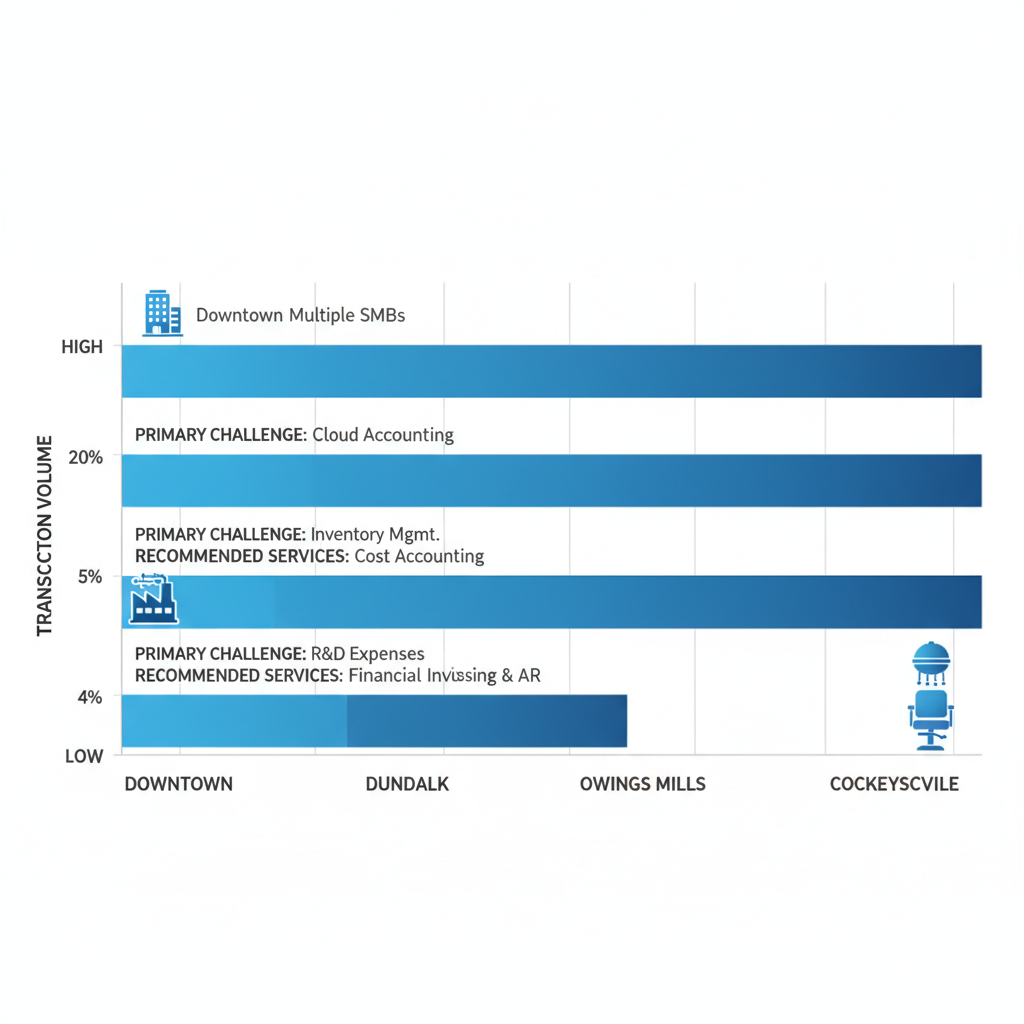 Horizontal bar chart comparing bookkeeping needs and transaction volumes across four Baltimore neighborhoods