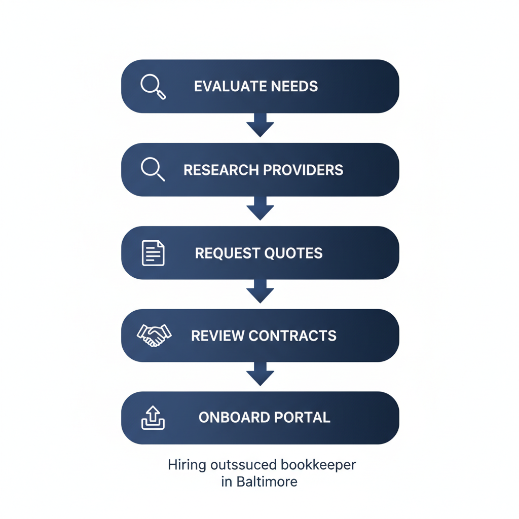 Vertical process flow diagram illustrating the five steps to hire a local outsourced bookkeeper in Baltimore with icons and labels