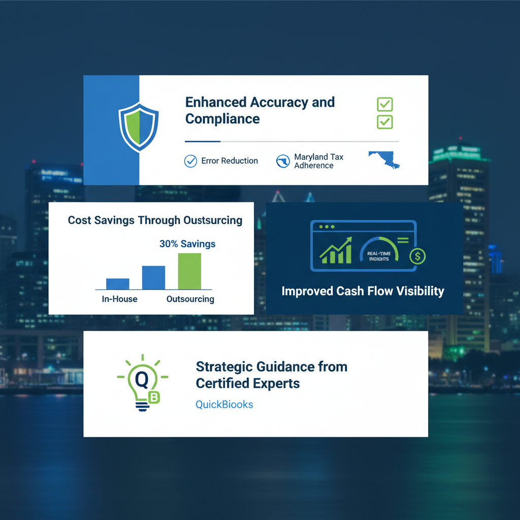 Infographic illustrating four advantages of professional bookkeeping services for Baltimore businesses: accuracy, compliance, cost savings, cash flow visibility, and expert guidance.