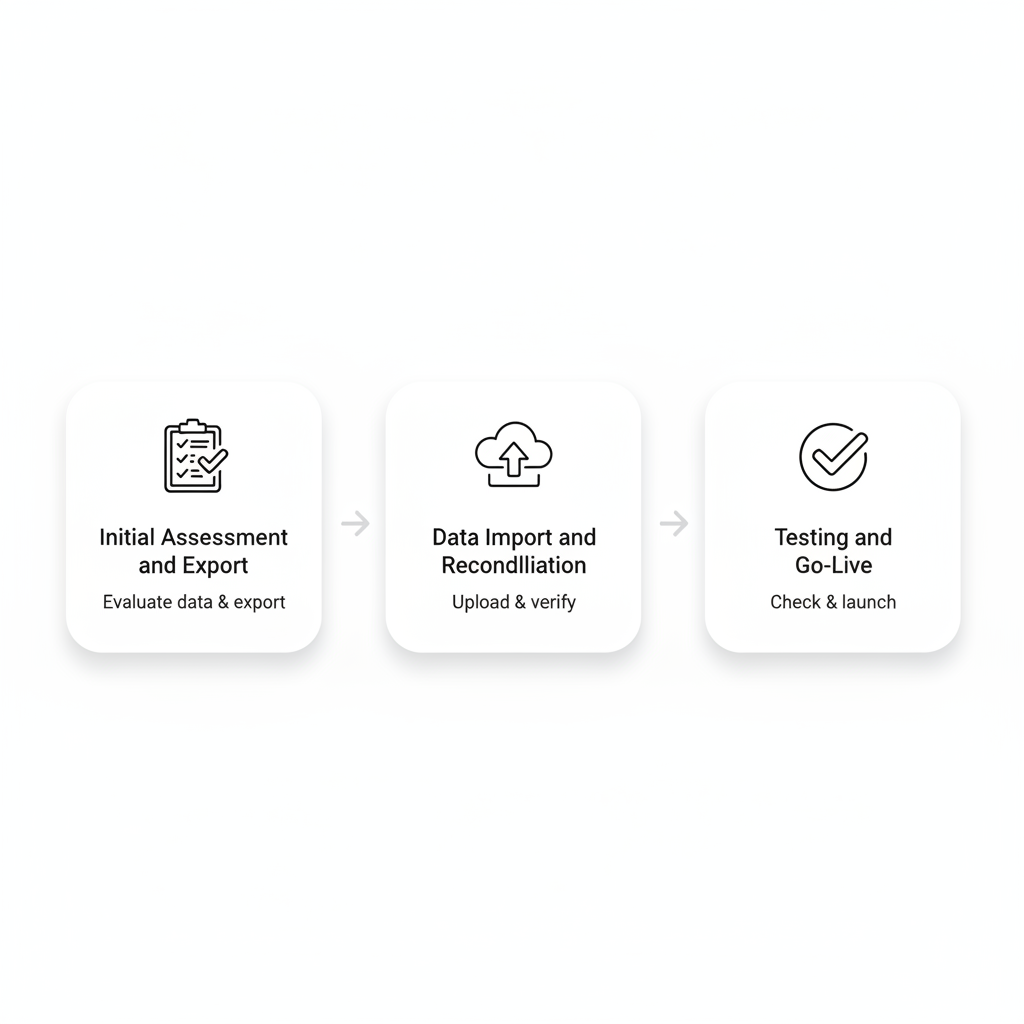 Horizontal process flow diagram illustrating the three stages of QuickBooks Online migration: assessment, import, and testing.