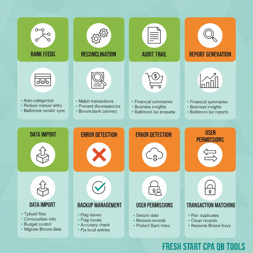 Quickbooks Cleanup Baltimore Md | Hill Bookkeeping & Consulting Infographic comparing QuickBooks cleanup tool features with icons, benefits, and color-coded sections for Baltimore businesses