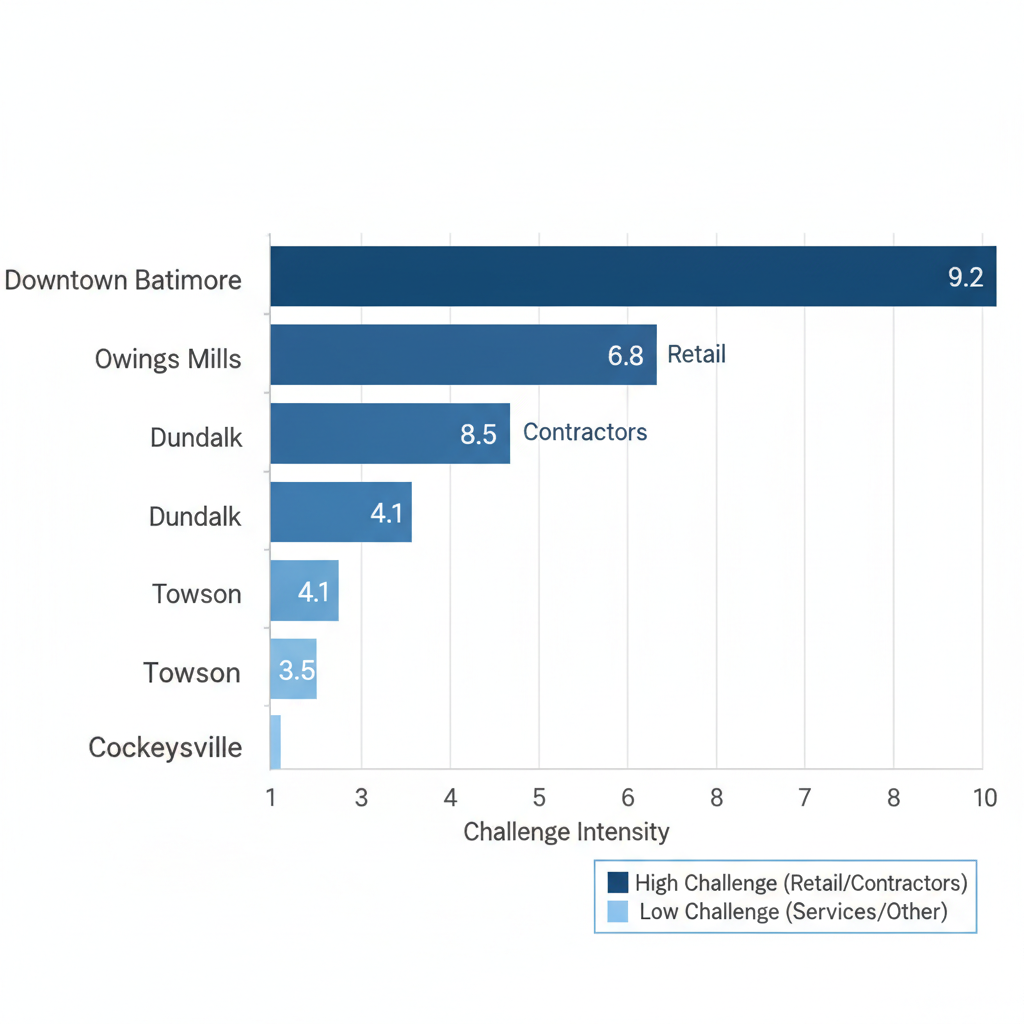 Horizontal bar chart depicting bookkeeping challenge intensities across five Baltimore neighborhoods