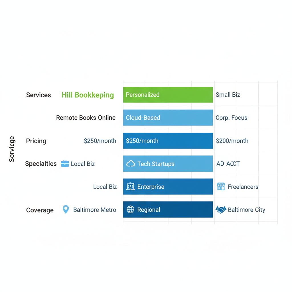 Horizontal bar chart comparing bookkeeping providers in Baltimore by services, pricing, specialties, and coverage with Hill Bookkeeping highlighted in green.