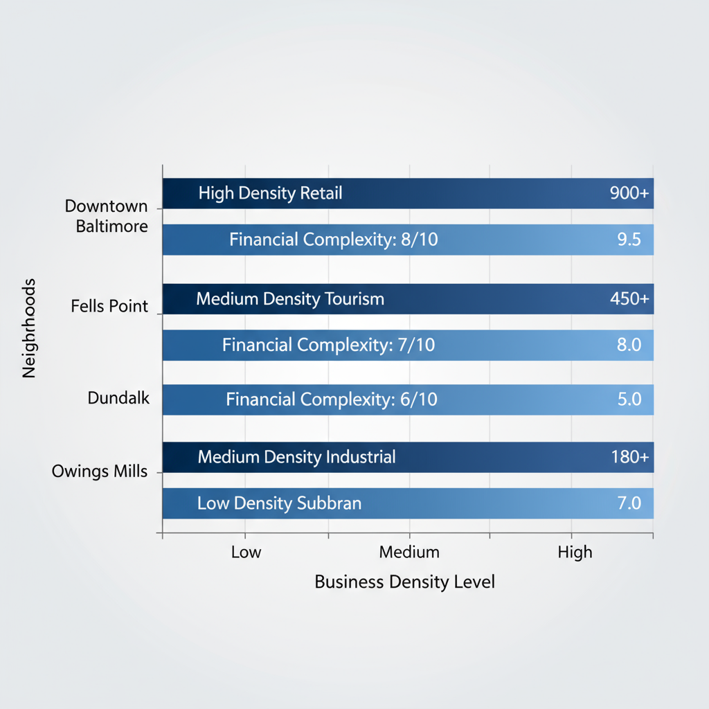 Horizontal bar chart of Baltimore neighborhoods business density and bookkeeping financial challenges
